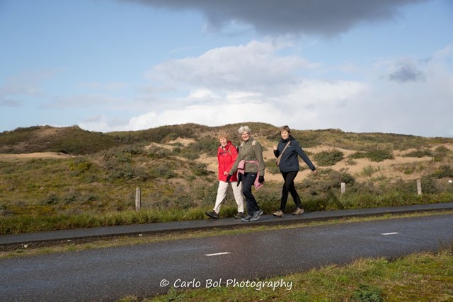 Ontdek de lokale gastvrijheid tijdens de Duin en Bollen Vierdaagse; wandelaars in de duinen