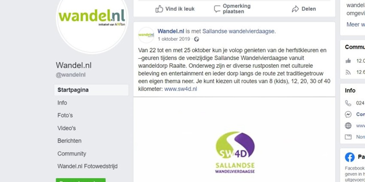 Voorbeeld van een bericht op de Facebook-pagina van Wandel.nl