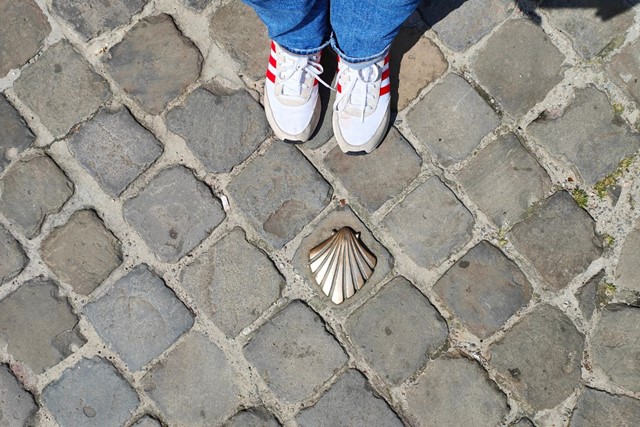 Pelgrimeren in Brussel, in het spoor van Santiago de Compostella; bronzen Jacobsschelp op de grond