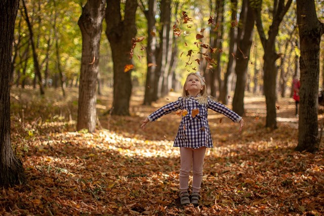 Meisje gooit bladeren omhoog in een herfstbos