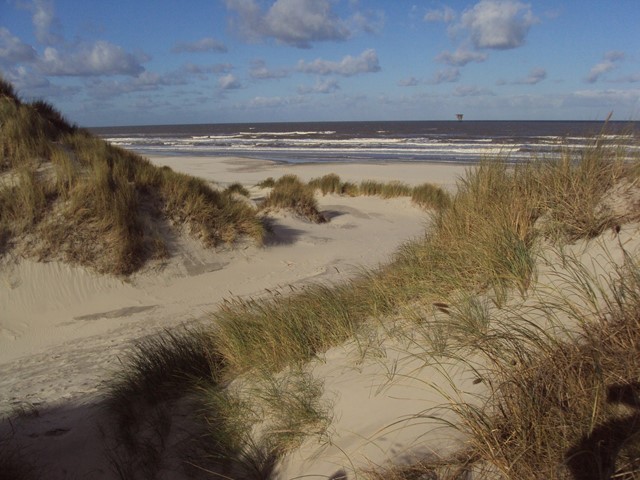 Duin loopt over in strand op Ameland, zee en blauwe lucht op achtergrond 