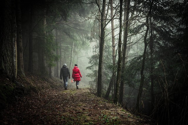 man en vrouw in donker bos